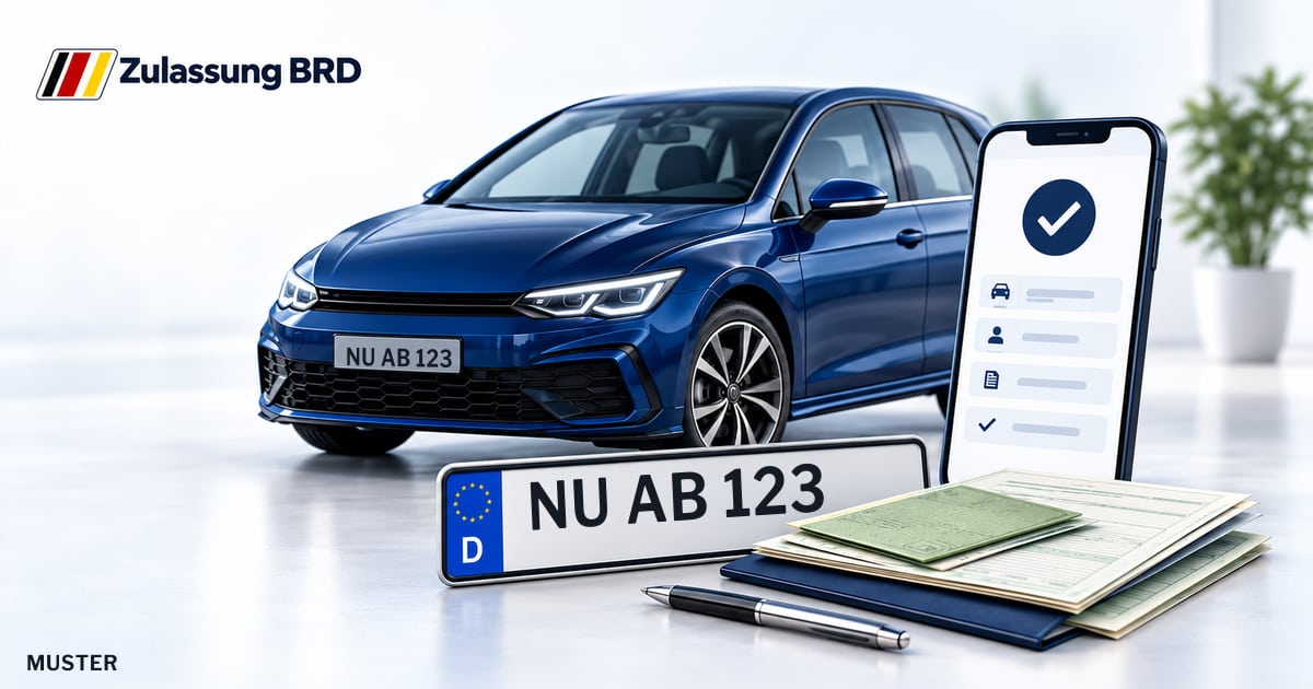 Online Fahrzeugzulassung in Landkreis Neu-Ulm: Musterkennzeichen NU AB 123, Auto und Fahrzeugpapiere und Smartphone. Illustration mit Logo von Zulassung BRD.